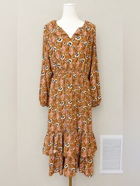 Universal Thread Floral Smocked Midi Dress Medium Boho Long Sleeve Ruffle Neck